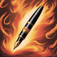 This image is a high-quality book cover featuring a fountain pen at its center, fully enveloped in a blaze of fire