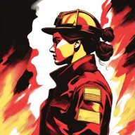 This is a colored sketch of a Caucasian female firefighter with brown hair neatly tied in a bun