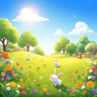 A cute, animated version of a landscape scene featuring lush greenery, colorful flowers, and a bright blue sky