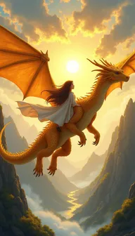 An adolescent girl flying on the back of a magnificent golden dragon, soaring through the sky above a breathtaking mountain range