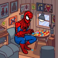 A retro-style 8-bit pixel art scene featuring Spider-Man, the iconic superhero, focusing on assembling a colorful jigsaw puzzle