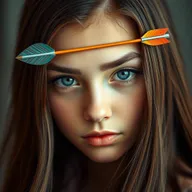 A close-up portrait of a beautiful girl with captivating features, where a stylish bow and arrow is artistically placed above her eyes instead of traditional eyebrows