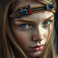 A close-up portrait of a beautiful girl with striking features, where a detailed hunting bow is creatively positioned above her eyes instead of traditional eyebrows