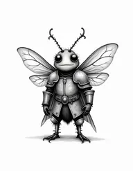 A hand-drawn style illustration of a personified flying beetle dressed in medieval warrior attire