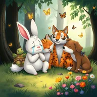 A heartfelt illustration depicting Min Rabbit sitting on the grass, tears streaming down his face as he cries, signaling his sadness