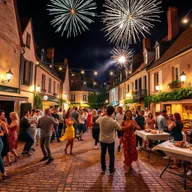 A vibrant outdoor popular dance event taking place in a picturesque square of a small French village, featuring around 100 lively participants enjoying the festivities