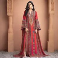 An elegant, exquisitely detailed Moroccan caftan, highlighting traditional embroidery and vibrant patterns, with a modern touch to evoke originality.