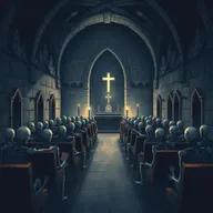 An illustration of the interior of a gloomy and eerie chapel