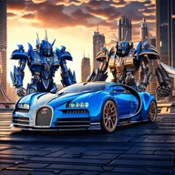 A 4K resolution digital art image depicting Bugatti cars as Transformers