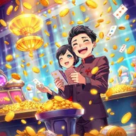 An exciting anime-style illustration depicting a jubilant winner of a casino bet, surrounded by a dazzling shower of gold coins and cash falling from the sky