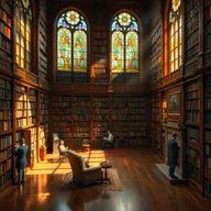 An enchanting library filled with towering shelves made of rich mahogany, adorned with countless books in various colors and sizes