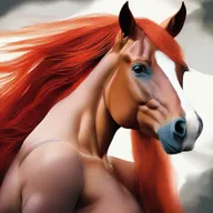 An exquisite digital art piece displaying a woman with vibrant orange hair and a majestic chestnut horse