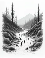 An aerial view of a mountainous area devastated by fire, with lifeless figures scattered on the ground, designed to appear as a hand-drawn illustration, rendered in black and white against a white background