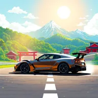 A powerful sports car positioned at the starting line of a racetrack, set against a pixel art style Japanese landscape illuminated by bright sun rays