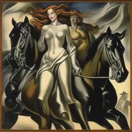 Four distinctly visible horsemen of the apocalypse are heading straight towards a combined figure of a man and a woman who are somewhat disoriented, scared, and terrified, all depicted in the style of Lempicka.