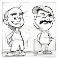 Redraw the humorous scene with cartoon characters in a comic situation, this time using a pencil sketch art style.