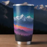 Design a tumbler wrap featuring mountains lit by aura lights in the nighttime, accompanied by an inspiring quote.