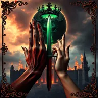 A dark fantasy book cover featuring two intertwined hands; one male hand adorned with black demonic veins, and the other a female hand elegantly holding a dagger