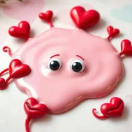 A flat puddle of metallic pink slime, exuding a glossy and reflective quality as it spreads across a surface