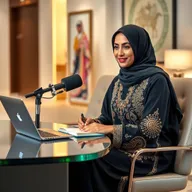 An Emirati woman wearing a traditional black abaya adorned with intricate gold embroidery and a stylish hijab is conducting an interview