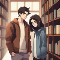 This digital art image captures a poignant scene within a library