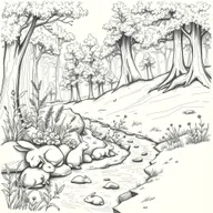 A detailed sketch of a serene forest scene, preserving all original elements and adding new content in the blank spaces