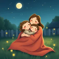 On a warm summer night in a rural backyard, a cute little girl is lying in her mother's embrace, enjoying the cool breeze