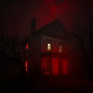 A dark, ominous two-story house at night, enveloped in fog and surrounded by twisted, gnarled trees