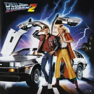 A beautifully painted art piece featuring two people, one female in front, one man in back, standing next to the front of a DeLorean car with it's driver's side gullwing door open. Nighttime, with electricity. Both people are looking at their watches.. The woman has long blonde hair, and is a little shorter than the man who has dirty blonde hair and is wearing sunglasses.