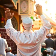 A Muslim man joyfully performing Takbir, his back facing the viewer with his hands raised high in celebration