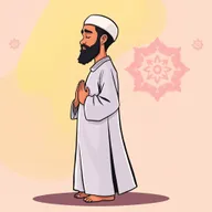 A cartoon-style illustration of a Muslim man standing sideways, performing Islamic invocation (Dua) with his hands in a specific gesture over his tummy, mimicking the emoji representation (🫱🏻🫲🏻)