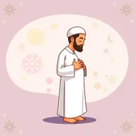An animated cartoon illustration of a Muslim man standing sideways, performing Islamic invocation (Dua) with his hands positioned over his tummy, specifically in the gesture of prayer represented by the emojis (🫱🏻🫲🏻)
