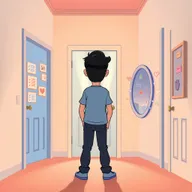 A vertical illustration in a Pixar-style emotional cartoon depicting a person standing in a softly lit hallway, facing three distinct doors