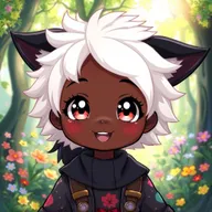 A cute dark skin girl with fluffy white hair and striking black wolf ears, illustrated in a vibrant anime style