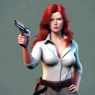 Create a photo-realistic image of an attractive red-headed female striking an intimidating pose with a stub nose revolver pointing straight ahead