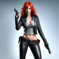 Generate a photo-realistic image of an attractive red-headed female striking an intimidating pose with a stub nose revolver pointing straight ahead, dressed in sexy clothes