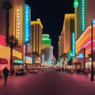 Generate a photo-realistic 4K image showcasing the vibrant night life of downtown Las Vegas.