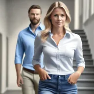 Generate a 4K photo-realistic image of an attractive Swedish woman unbuttoning her shirt, with a man walking down the stairs in the background