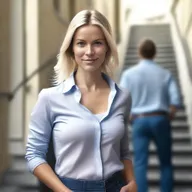 Generate a 4K photo-realistic image of an attractive Swedish woman unbuttoning her shirt, with a man walking down the stairs in the background