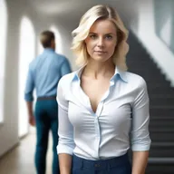 Generate a 4K photo-realistic image of an attractive Swedish woman unbuttoning her shirt, with a man walking down the stairs in the background