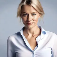 Generate a 4K photo-realistic image of an attractive Swedish woman unbuttoning her shirt.