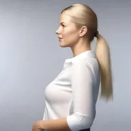 Generate a medium shot, 4K photo-realistic image of an attractive Swedish woman in side profile, opening her shirt.