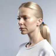 Generate a medium shot 4k photo-realistic image of an attractive Swedish woman's side profile with her shirt open.