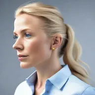 Generate a medium shot 4k photo-realistic image of an attractive Swedish woman's side profile with her buttoned shirt open.