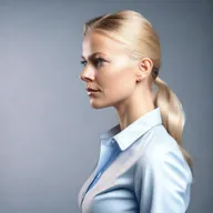 Generate a medium shot 4k photo-realistic image of an attractive Swedish woman's side profile with her buttoned shirt open.