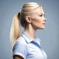 Generate a medium shot 4k photo-realistic image of an attractive Swedish woman's side profile with her buttoned shirt open.