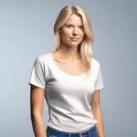 Generate a 4K photo-realistic image of an attractive Swedish woman opening her shirt from a side profile.