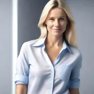 Generate a 4K photo-realistic image of an attractive Swedish woman, shot from a side profile, opening her button-down shirt.