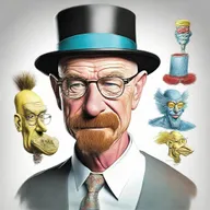 Modify Walter White's features to incorporate an exaggerated, whimsical, Dr. Seuss-style smile while maintaining his recognizable characteristics