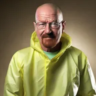 Elevate the happiness level of Walter White from Breaking Bad; accentuate his smile, create gleaming eyes, and an overall ecstatic expression, while still in his hazmat suit